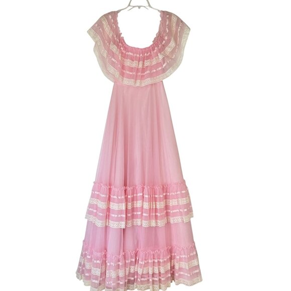 Dance Allure 1980s Pink Princess Gown Ruffled Cupcake Dress Lace Fairy Ethereal